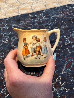 Vintage Style Ceramic Creamer with Children Illustration - Beige